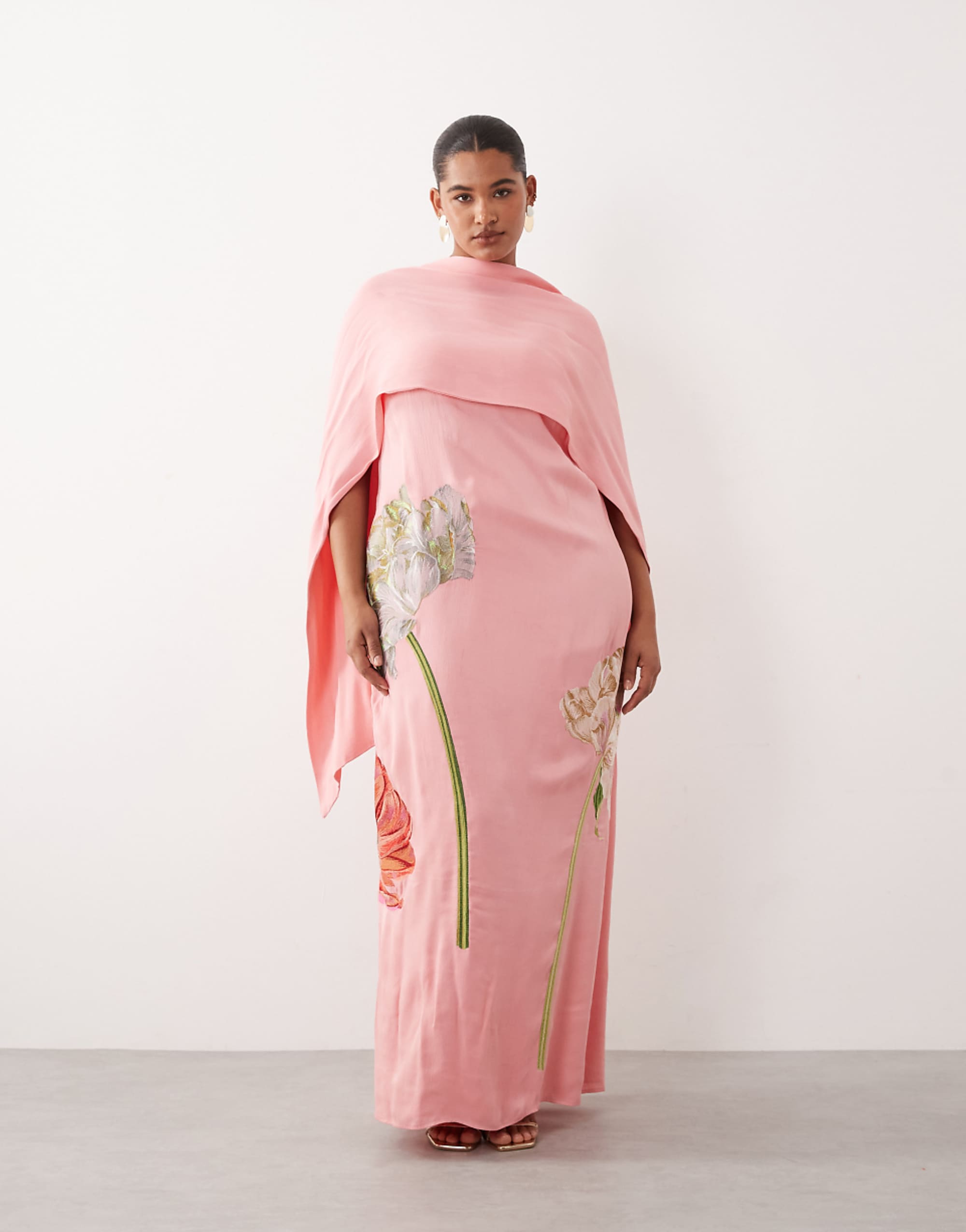 Arrange Curve Floral Embroidered Satin Overlay Maxi Dress in Pink