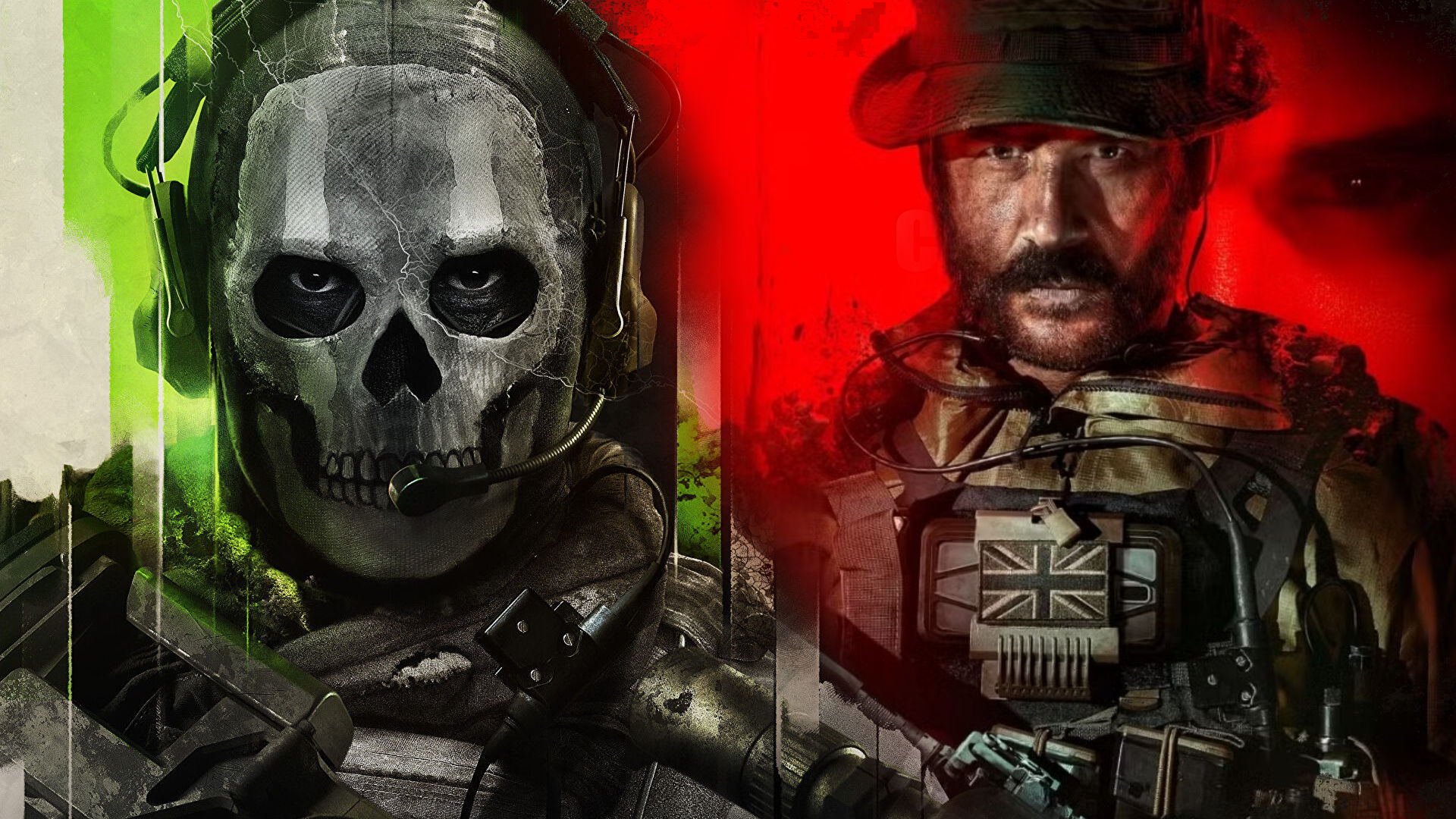 Cover art for Call of Duty: Modern Warfare 2 featuring Simon &quot;Ghost&quot; Riley and Call of Duty: Modern Warfare 3 featuring Captain Price merged together.