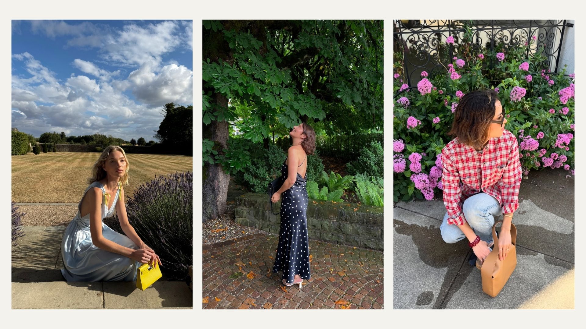 A collage featuring @hoskelsa, @emmahoareau, @caitlinmiyako in summery outfits