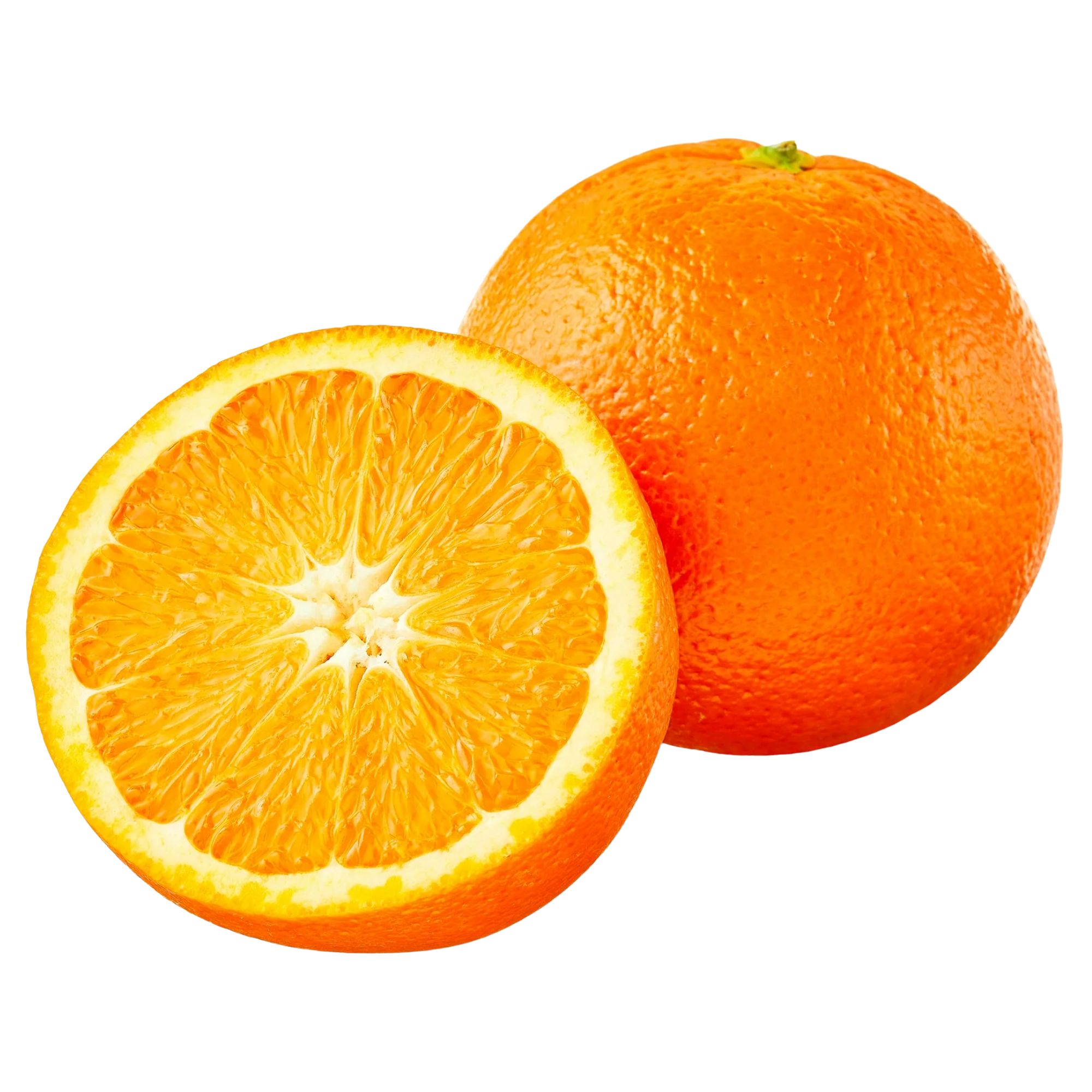 A fresh orange with half an orange in front