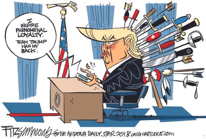 Political cartoon U.S. Trump administration loyalty backstabbing