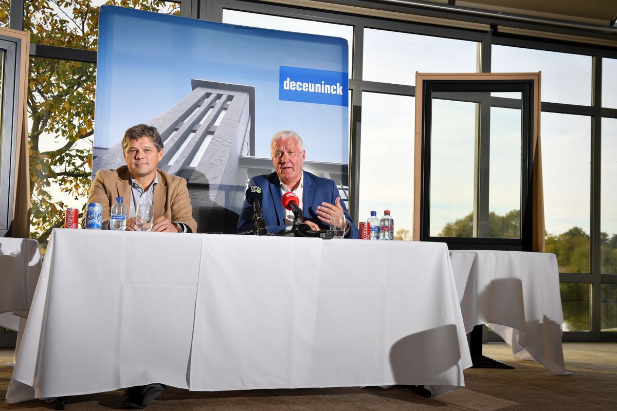 Deceuninck Ceo Francis Van Eeckhout, and Quick-Step Floors CEO Patrick Lefevere attend a press conference of Quick-Step Floors cycling team regarding their new sponsor Deceuninck Plastics