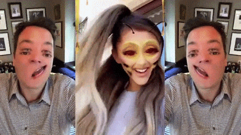 Ariana Grande and Jimmy Fallon singing with Snapchat fiilters