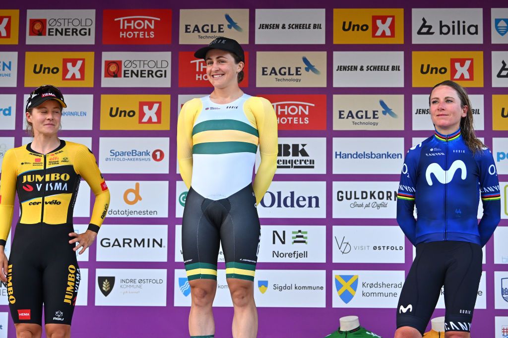 HERNING DENMARK AUGUST 26 LR Amber Kraak of The Netherlands and Team JumboVisma on second place stage winner Grace Brown of Australia and Team FDJSuez and Annemiek Van Vleuten of The Netherlands and Movistar Team on third place pose on the podium ceremony after the 9th Tour of Scandinavia 2023 Battle Of The North Stage 4 a 165km individual time trial stage from Herning to Herning UCIWWT on August 26 2023 in Herning Denmark Photo by Luc ClaessenGetty Images