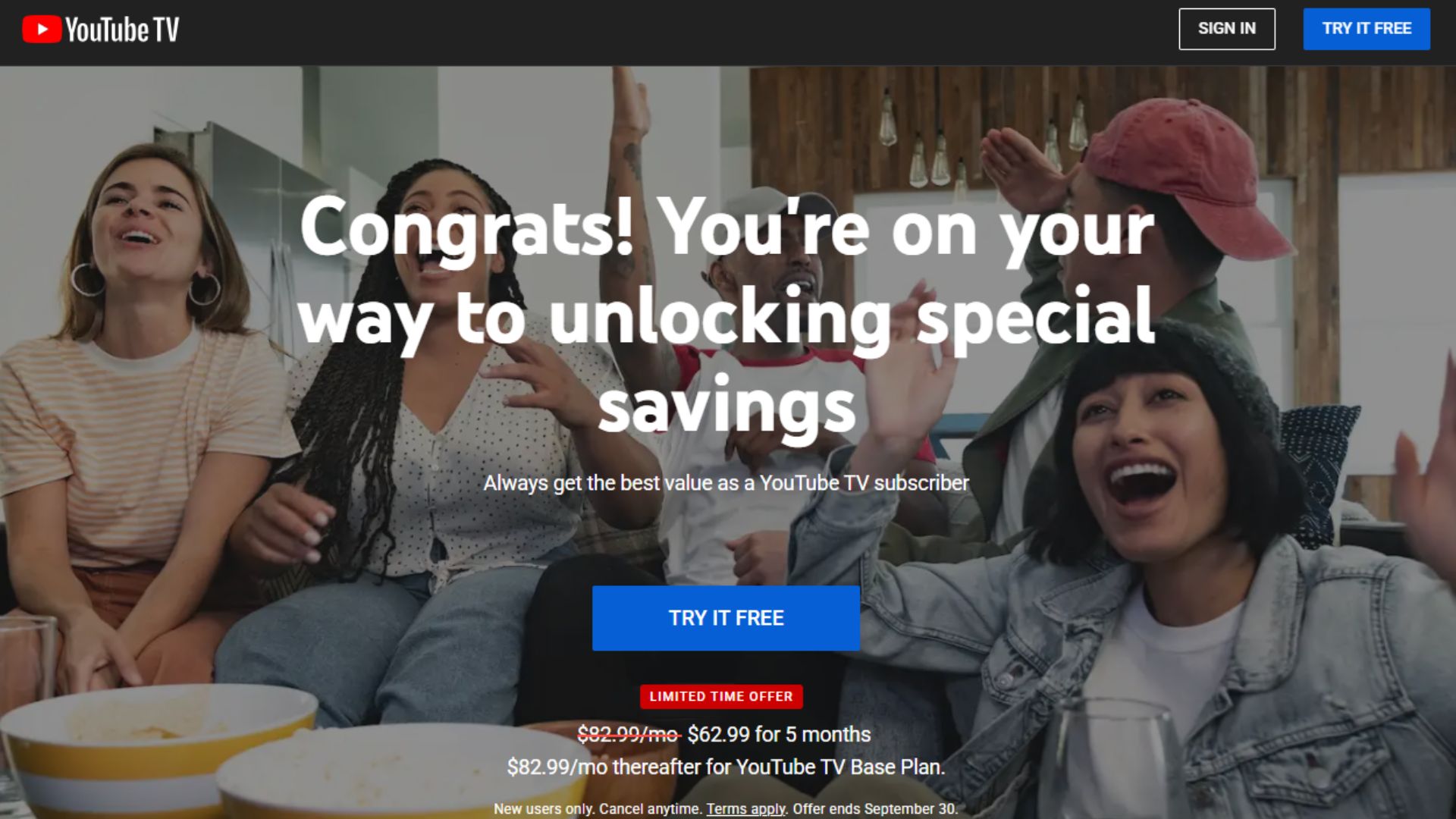 A screenshot of the YouTube TV free trial landing page