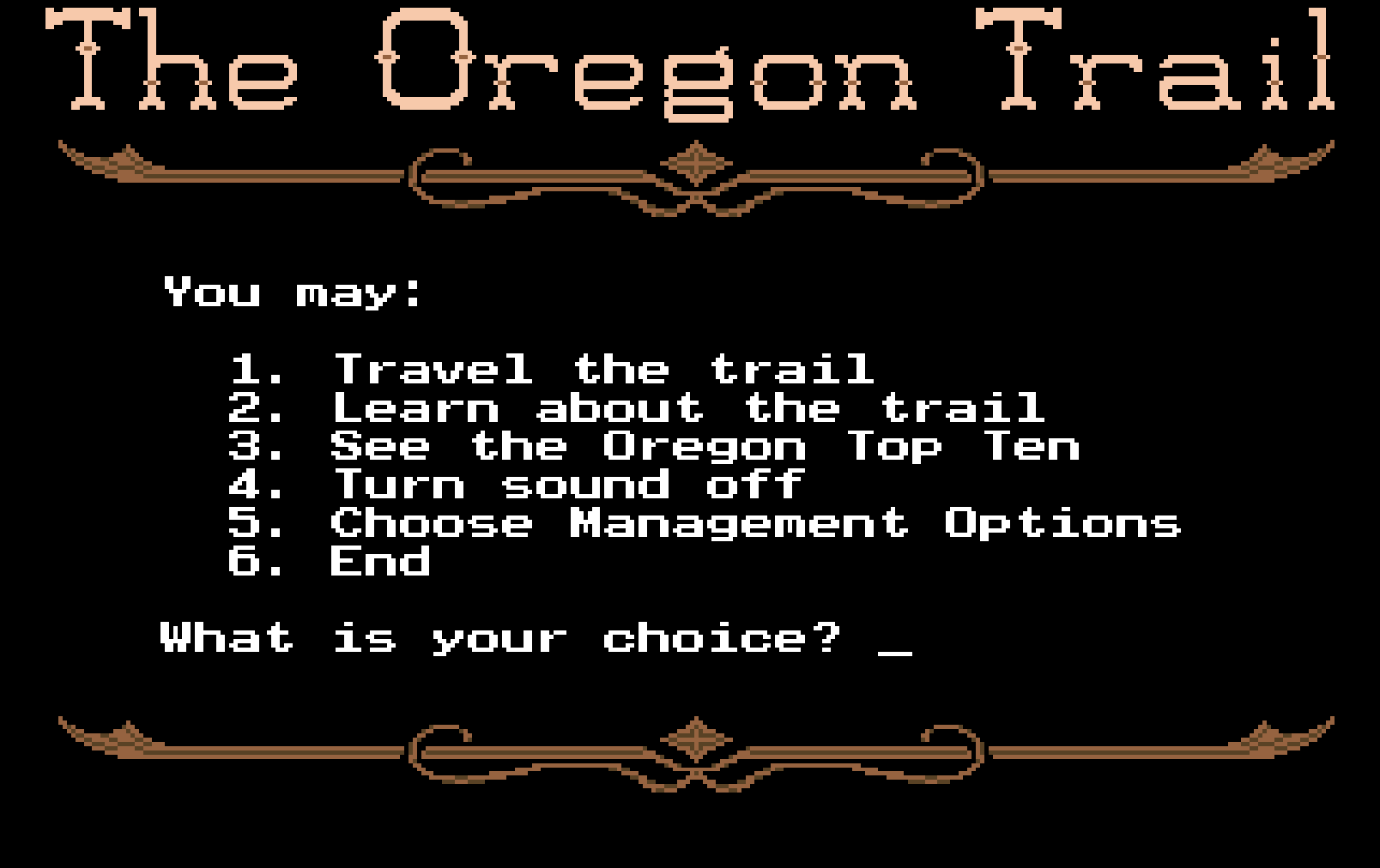 The Oregon Trail title screen featuring the game's name and an options menu