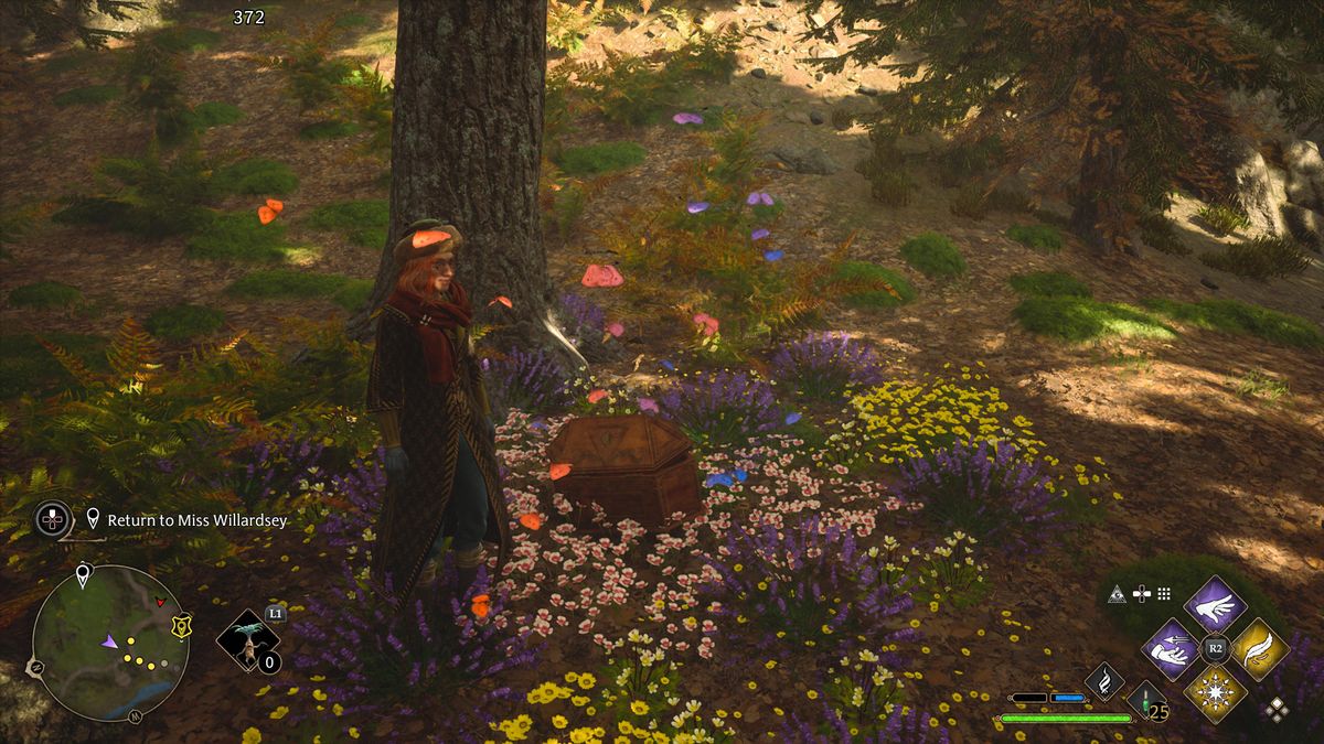 hogwarts legacy protagonist standing beside a butterfly chest