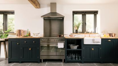 kitchen with white dresser, blue cabinet and dark blue kitchen island with terracotta pot of flowers on island