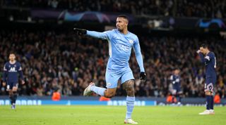 MANCHESTER, ENGLAND - NOVEMBER 24: Gabriel Jesus of Manchester City celebrates after scoring their team's second goal during the UEFA Champions League group A match between Manchester City and Paris Saint-Germain at Etihad Stadium on November 24, 2021 in Manchester, England. (Photo by Jan Kruger - UEFA/UEFA via Getty Images)
