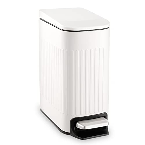 Trashaid Slim Bathroom Trash Can With Lid Soft Close, 6 Liter/1.6 Gallon Stainless Steel Small Garbage Can With Removable Inner Bucket, Step Pedal, Slim Wastebasket for Toilet, Office, Bedroom, White