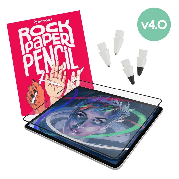 Astropad Rock Paper Pencil v4.0 kit featuring a pink product box, four replacement Apple Pencil tips, and a matte screen protector positioned over a tablet displaying colorful digital artwork.