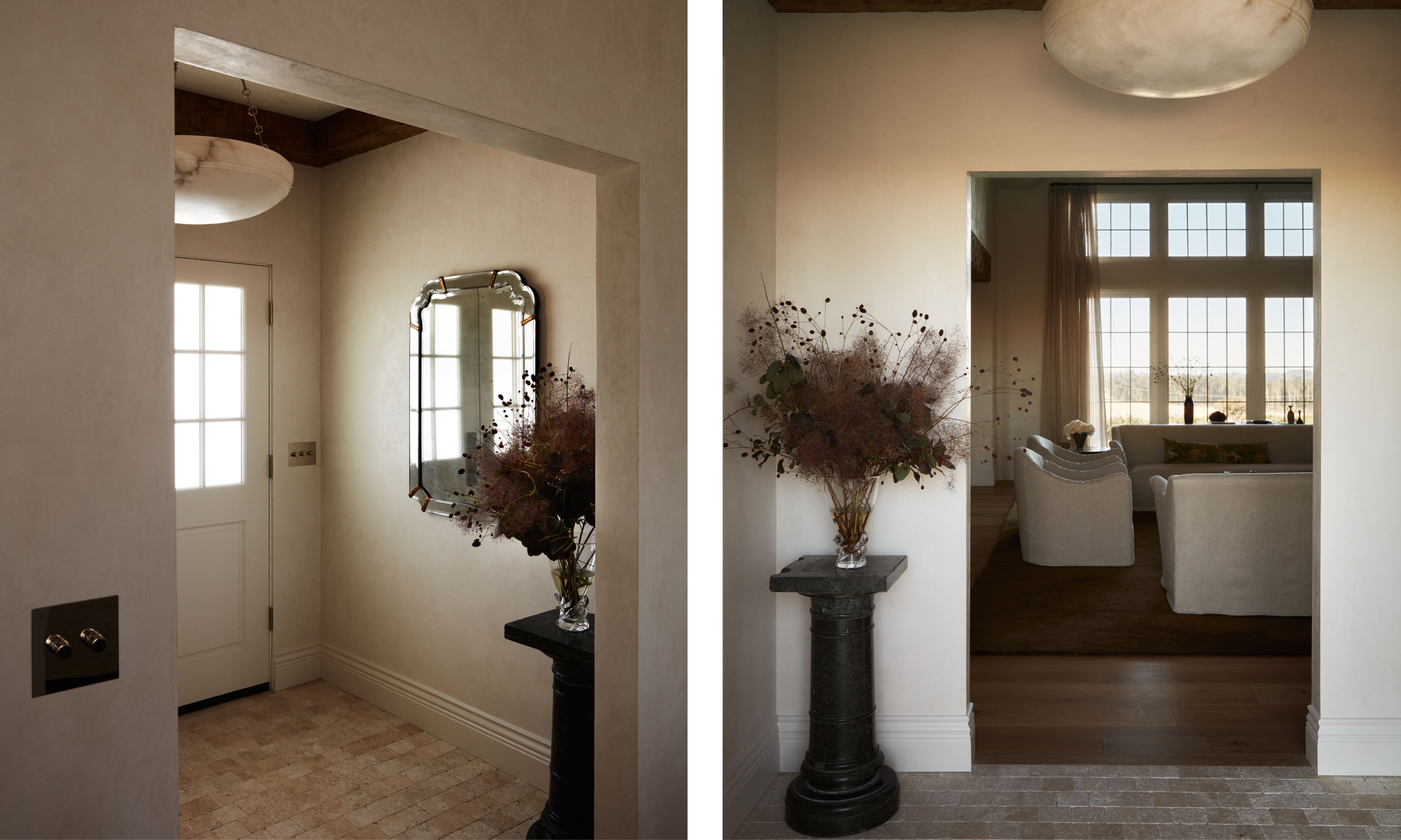 two pictures next to each other of the same neutral entryway from different angles, showing brick flooring an onyx pendant light