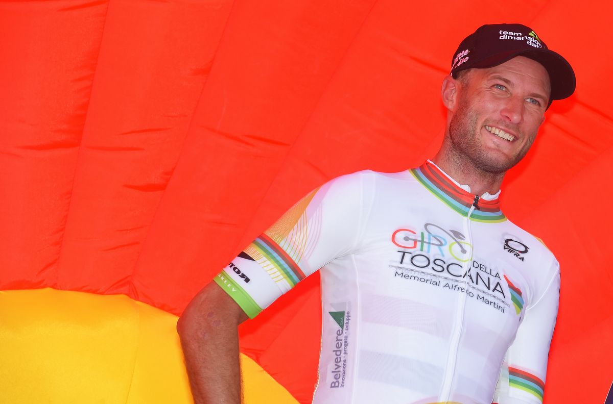 Steve Cummings (Dimension Data) enjoying his podium time