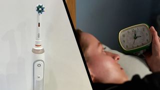 A split screen of a tooth brush and a woman waking up at night to check the clock, which displays the time 3 a.m.