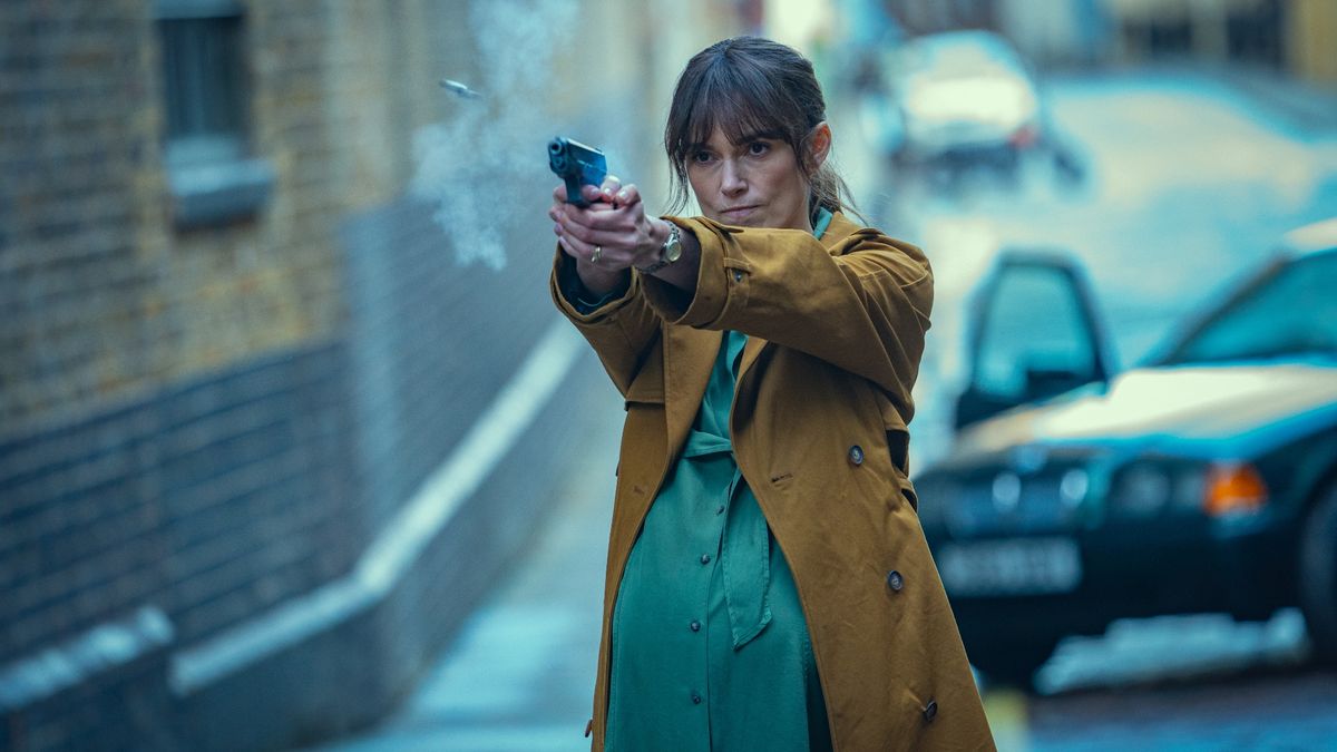 Helen Webb heavily pregnant shoots a man in spy thriller Black Doves