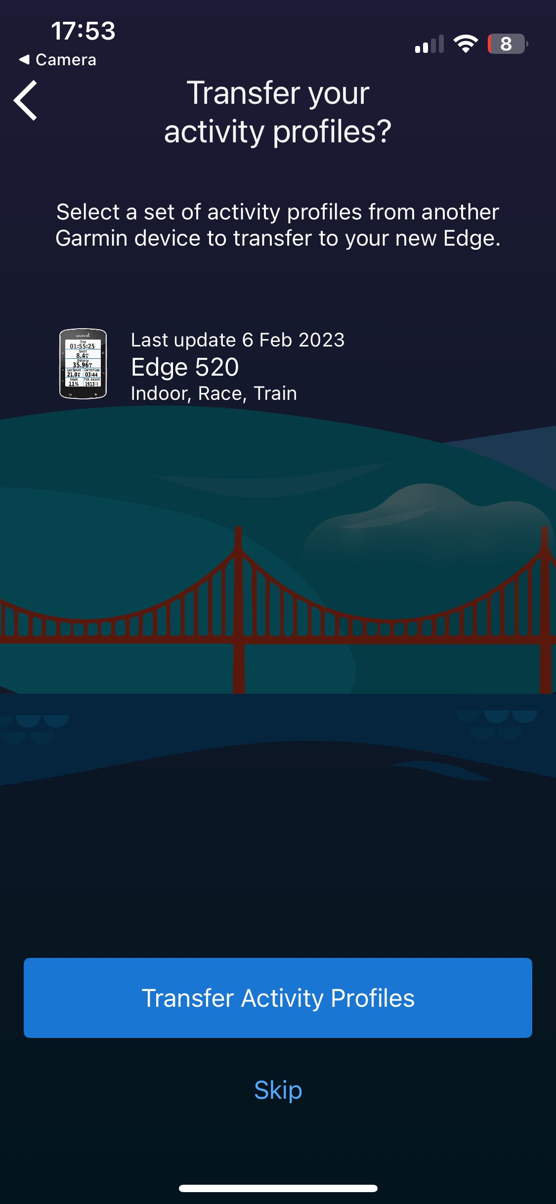 A Garmin Edge 840 setup screen
