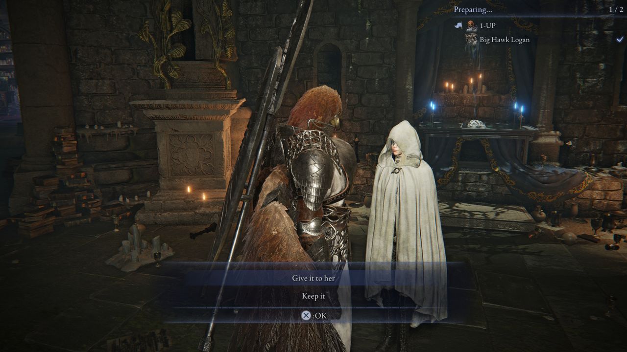 Elden Ring Nightreign unlock Duchess: Guardian talking to the Priestess, choosing whether to give the Old Pocketwatch to her or not.