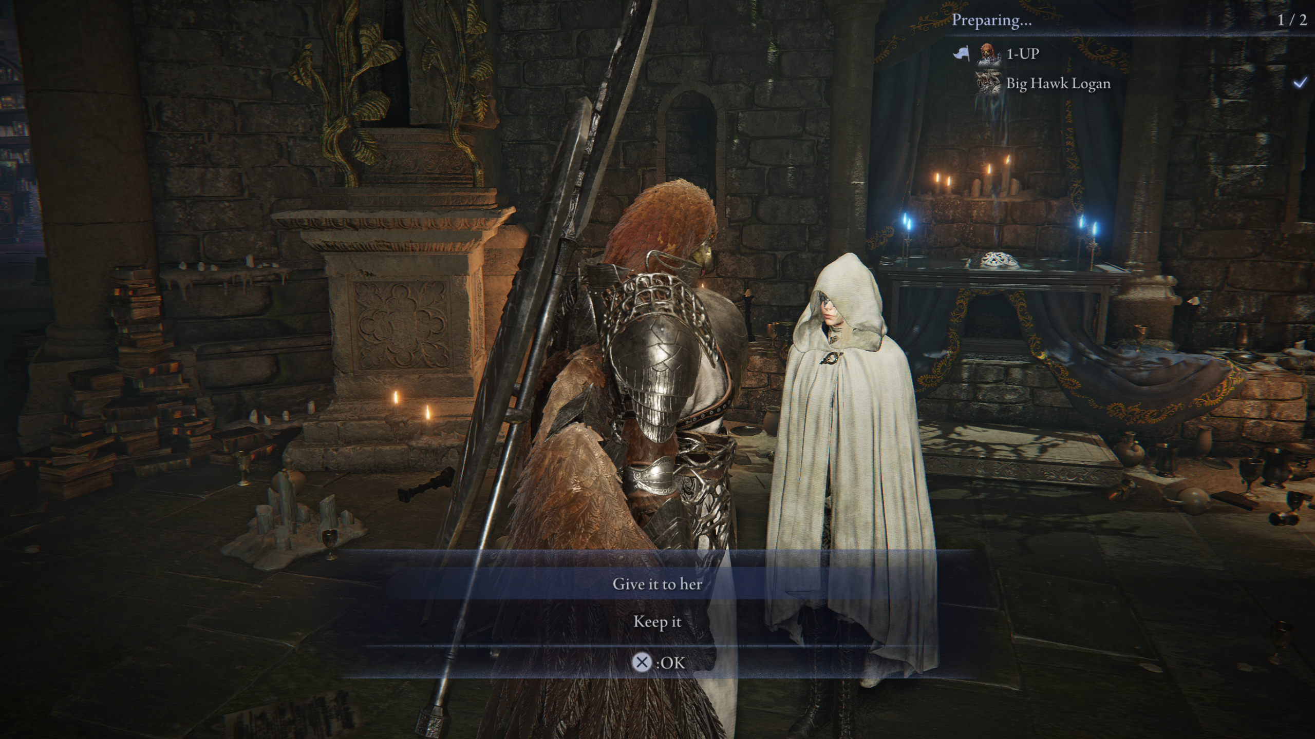 Elden Ring Nightreign unlock Duchess: Guardian talking to the Priestess, choosing whether to give the Old Pocketwatch to her or not.