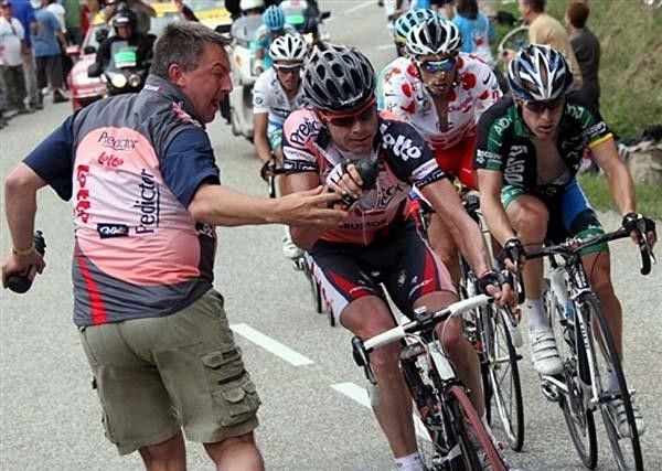 Cadel Evans (Predictor-Lotto) gets a bottle. But one wasn't enough and he should have gotten the second one as well. He lost almost two minutes on the day.