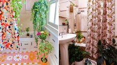 Colorful shower curtains in small bathrooms with plants