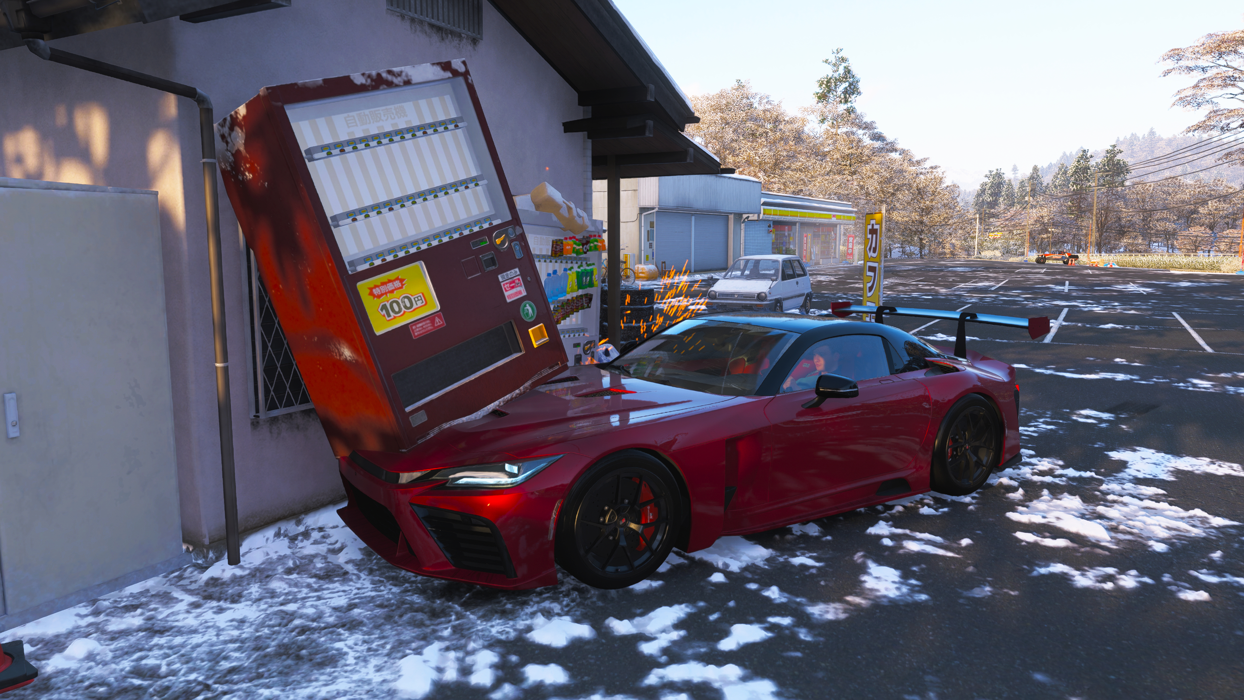 Forza Horizon 6 vending machines: A red GR GT crashing into a red vending machine in a snowy parking lot.