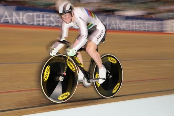Kaarle McCulloch (Australia) completes the second lap in qualifying for the women's team sprint