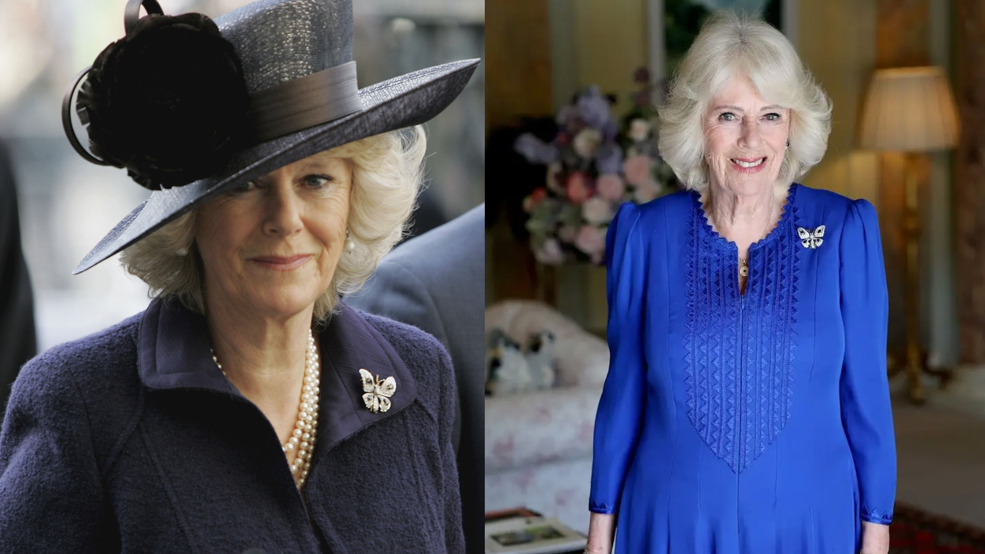 A split image of Queen Camilla wearing the same butterfly brooch on a navy coat and a blue dress