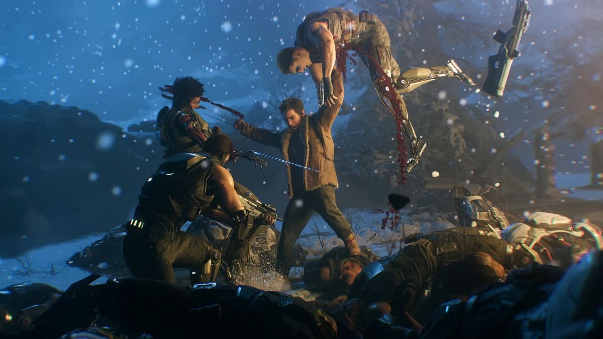 In a snowy environment, Logan battles multiple guards in Marvel's Wolverine