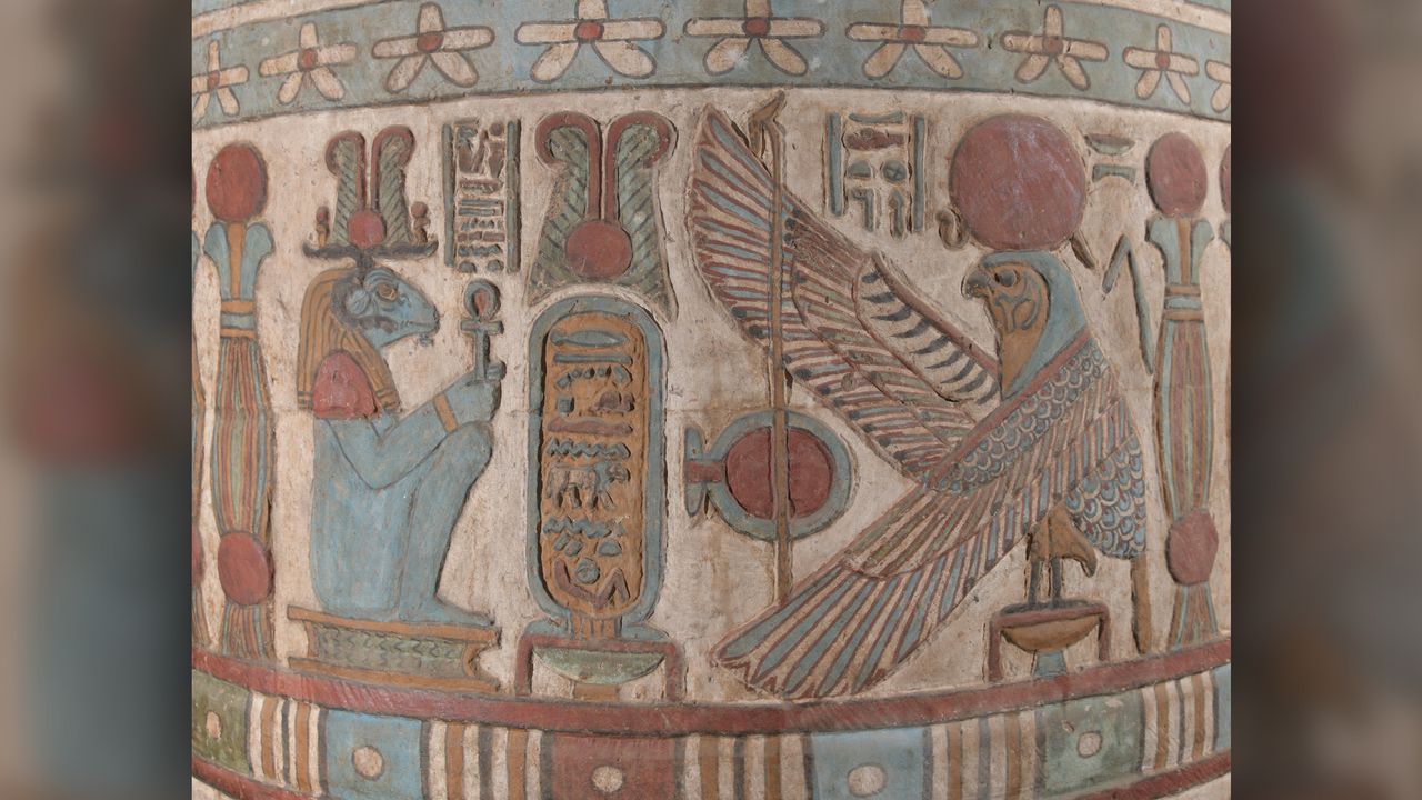 A close up look at a frieze taken in autumn 2019. The cartouche contains the name of Hadrian, framed by the local god Khnum (left) and the solar god Behedeti (right).