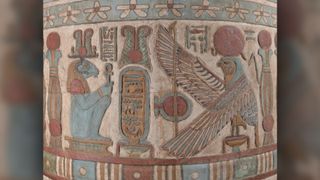 A close up look at a frieze taken in autumn 2019. The cartouche contains the name of Hadrian, framed by the local god Khnum (left) and the solar god Behedeti (right).