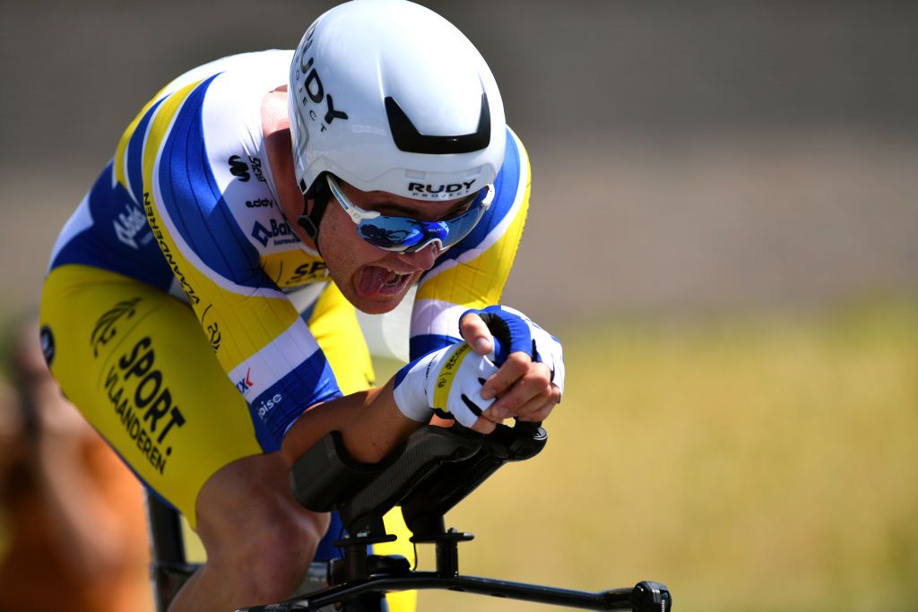 GAVERE BELGIUM JUNE 23 Ruben Apers of Belgium sprints during the 123rd Belgian Road Championship 2022 Mens Individual Time Trial a 348km individual time trial one day race from Gavere to Gavere ITT BelgianCycling140 on June 23 2022 in Gavere Belgium Photo by Luc ClaessenGetty Images
