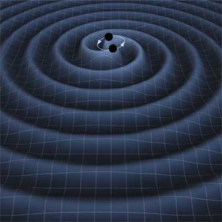 Artist's impression of gravitational waves from two orbiting black holes.