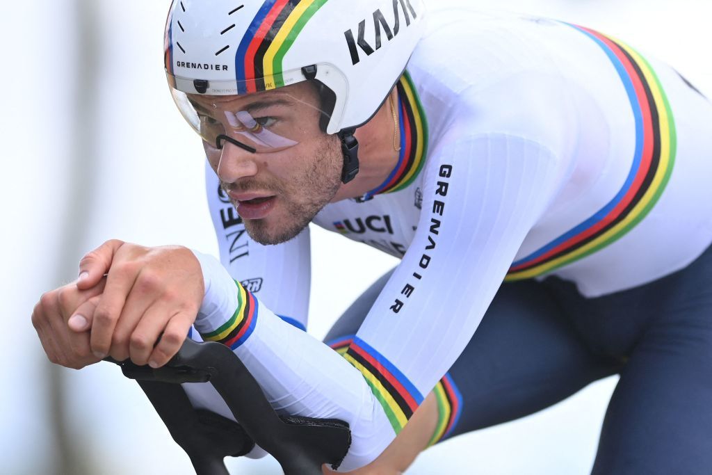 Italian Filippo Ganna of Ineos Grenadiers pictured in action during the fourth stage of the Criterium du Dauphine cycling race an 319km individual time trial between Montbrison and La Batie dUrfe France Wednesday 08 June 2022BELGA PHOTO DAVID STOCKMAN Photo by DAVID STOCKMAN BELGA MAG Belga via AFP Photo by DAVID STOCKMANBELGA MAGAFP via Getty Images