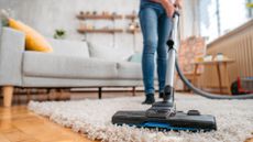 Person vacuuming a rug