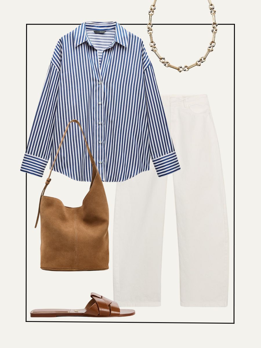 Collage of shirt, jeans, sandals, handbag, necklace