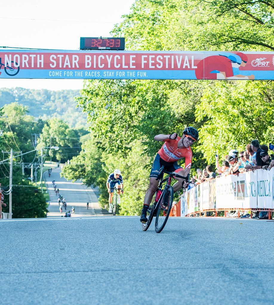 Evan Huffman (Rally Cycling) celebrates the stage 3 win in Cannon Falls
