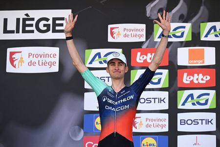 Paul Seixas (Decathlon CMA CGM) celebrates his second place at winner the 2026 Liege - Bastogne - Liege 2026, on April 26, 2026. (Photo by Dario Belingheri/Getty Images)