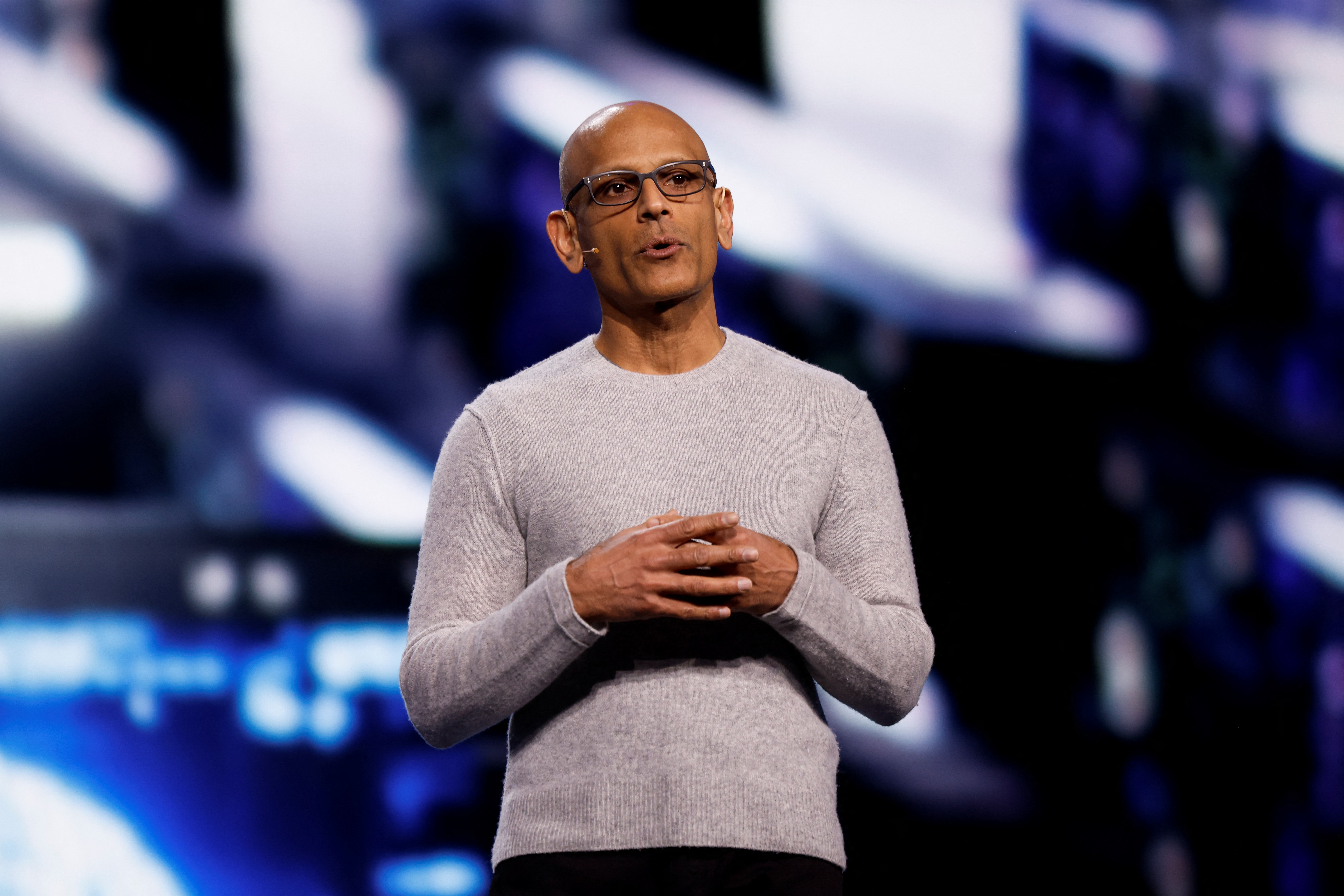 Jay Parikh, EVP of CoreAI at Microsoft, speaks during a Siemens news conference at CES 2026 in Las Vegas, Nevada