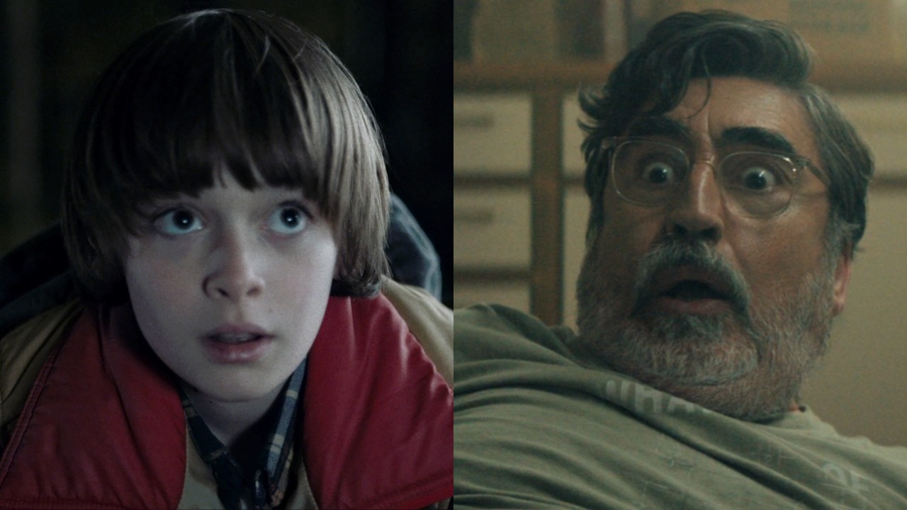 From left to right: Noah Schnapp in Season 1 of Stranger Things and Alfred Molina looking shocked in The Boroughs. 
