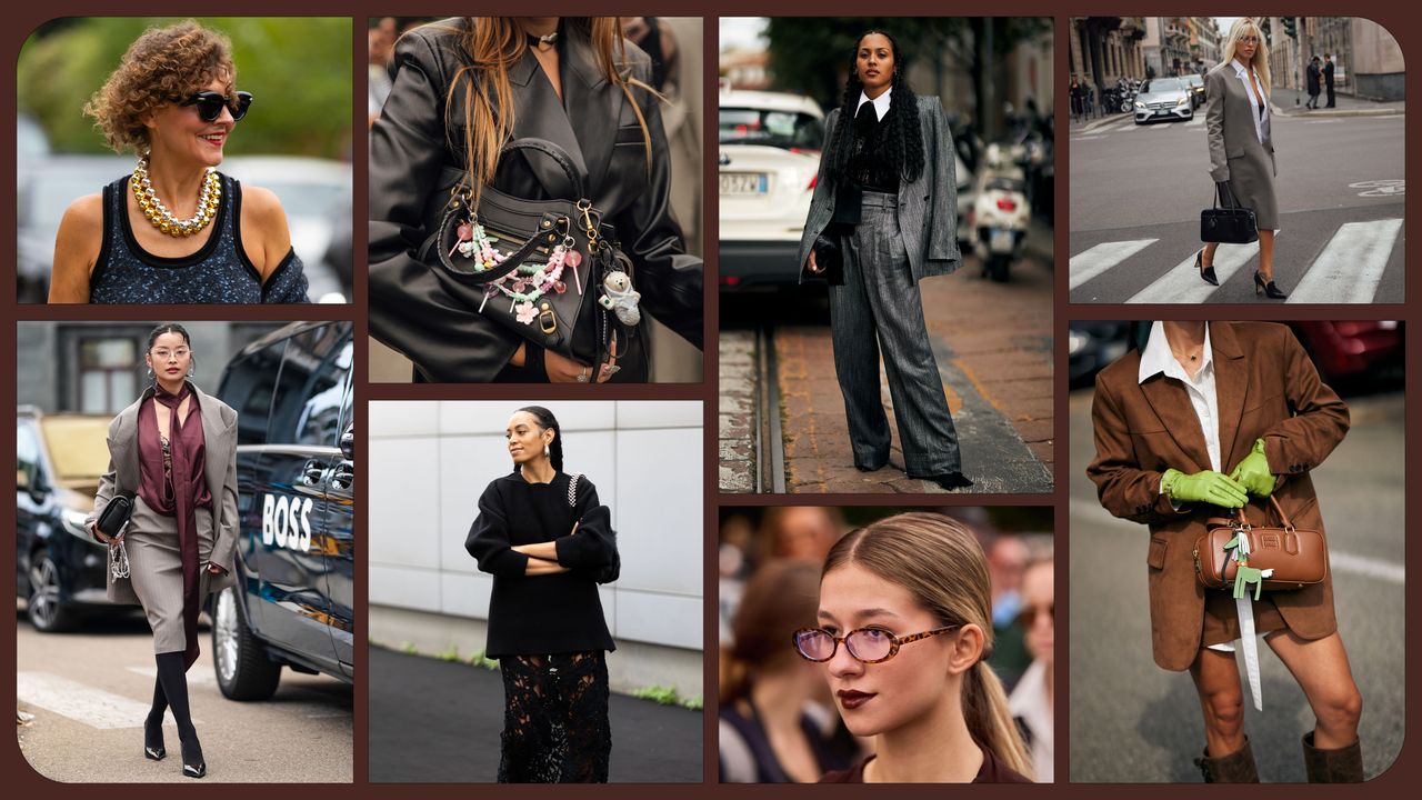 A collage of Milan Fashion Week spring 2025 street style showing fall trends. 