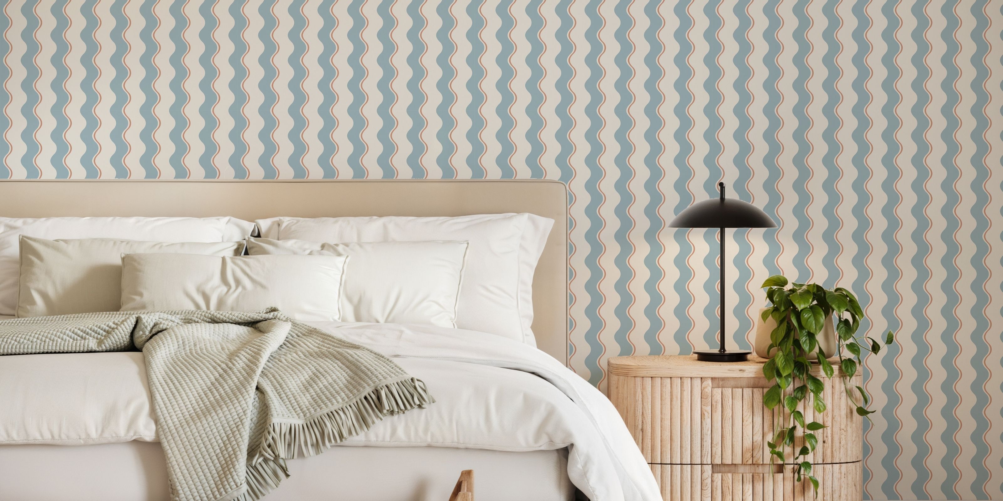 A bedroom with a retro striped wallpaper