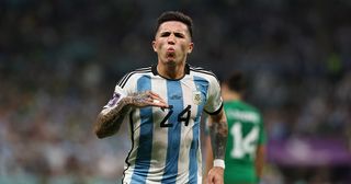 New Chelsea signing Enzo Fernandez of Argentina celebrates after scoring their team's second goal during the FIFA World Cup Qatar 2022 Group C match between Argentina and Mexico at Lusail Stadium on November 26, 2022 in Lusail City, Qatar.