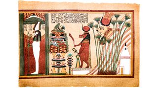 From the Book of the Dead. On the left, Osiris-Seker stands in a shrine in mummified form. The name Osiris-Seker represents the fusion of Seker, the God of Death, with Osiris, the God of Resurrection. The Papyrus of Ani ends with the tomb of Ani, the white building with the pyramidal top, located at the foot of the mountain of Amenta, at Thebes. Emerging from the mountain's slope into a papyrus thicket is the head of Hathor in the form of the Divine Cow. This goddess, Mistress of the Necropolis, who welcomes the arrivals of the deceased to the underworld, is also associated with the protection of women. Standing before a lavish presentation of luxuriant offerings is another manifestation of Hathor, known as Tawaret. She has the head and body of a hippopotamus, the legs of a lioness and the tail of a crocodile.