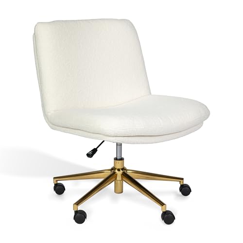 Martha Stewart Eloise Swivel Task Chair With Wide Seat for Home Office in Off White Boucle With Polished Brass Frame