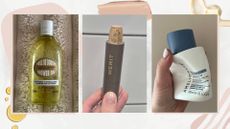 Trio of images showing beauty team product empties in September 2026 (L-R) from L'Occitane, Merit and Ameliorate, on a white background with pink details, oil, foundation and body lotion swatches