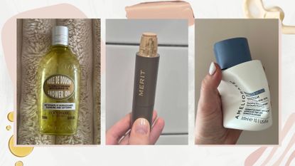 Trio of images showing beauty team product empties in September 2026 (L-R) from L'Occitane, Merit and Ameliorate, on a white background with pink details, oil, foundation and body lotion swatches