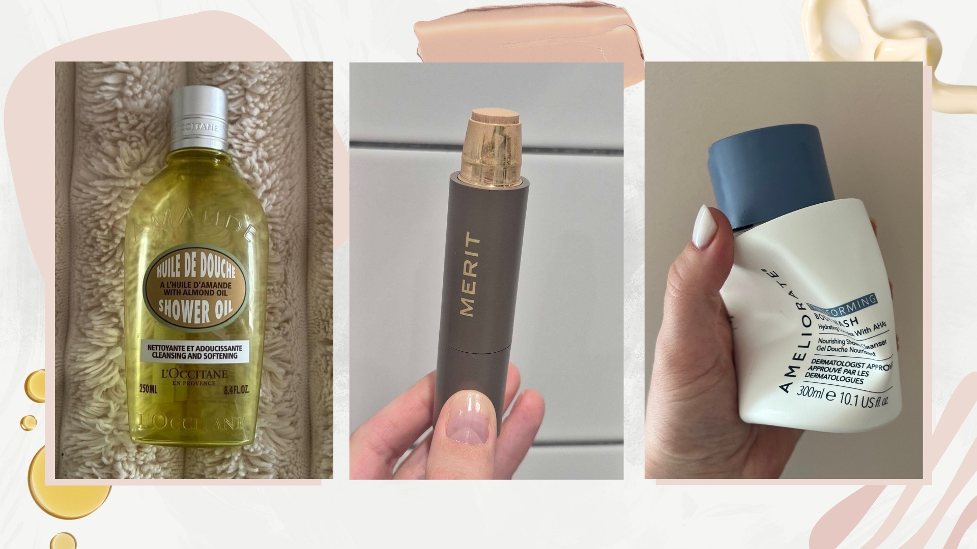 Trio of images showing beauty team product empties in September 2026 (L-R) from L'Occitane, Merit and Ameliorate, on a white background with pink details, oil, foundation and body lotion swatches