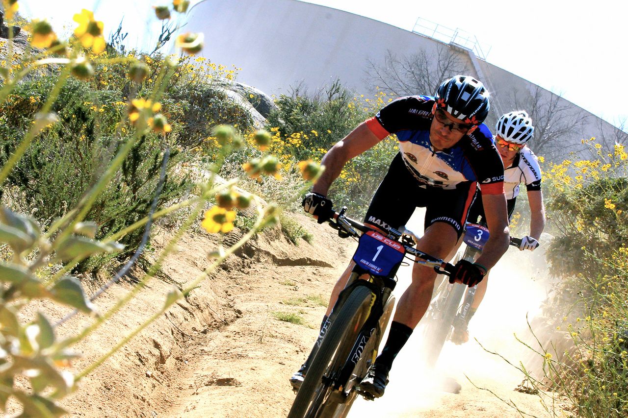 Raphael Gagne (Rocky Mountain Bicycles) leads Anton Cooper (Cannondale Factory Racing) during the elite men&rsquo;s race at Fontana City, round 2 of the USA Cycling US CUP Series presented by Cannondale