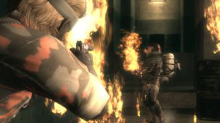 Snake fighting The Fury with flames everywhere in Metal Gear Solid 3