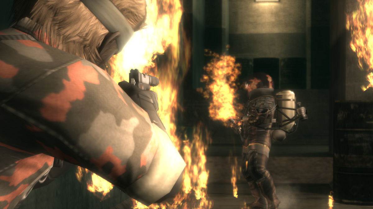 Snake fights The Fury with flames everywhere in Metal Gear Solid 3